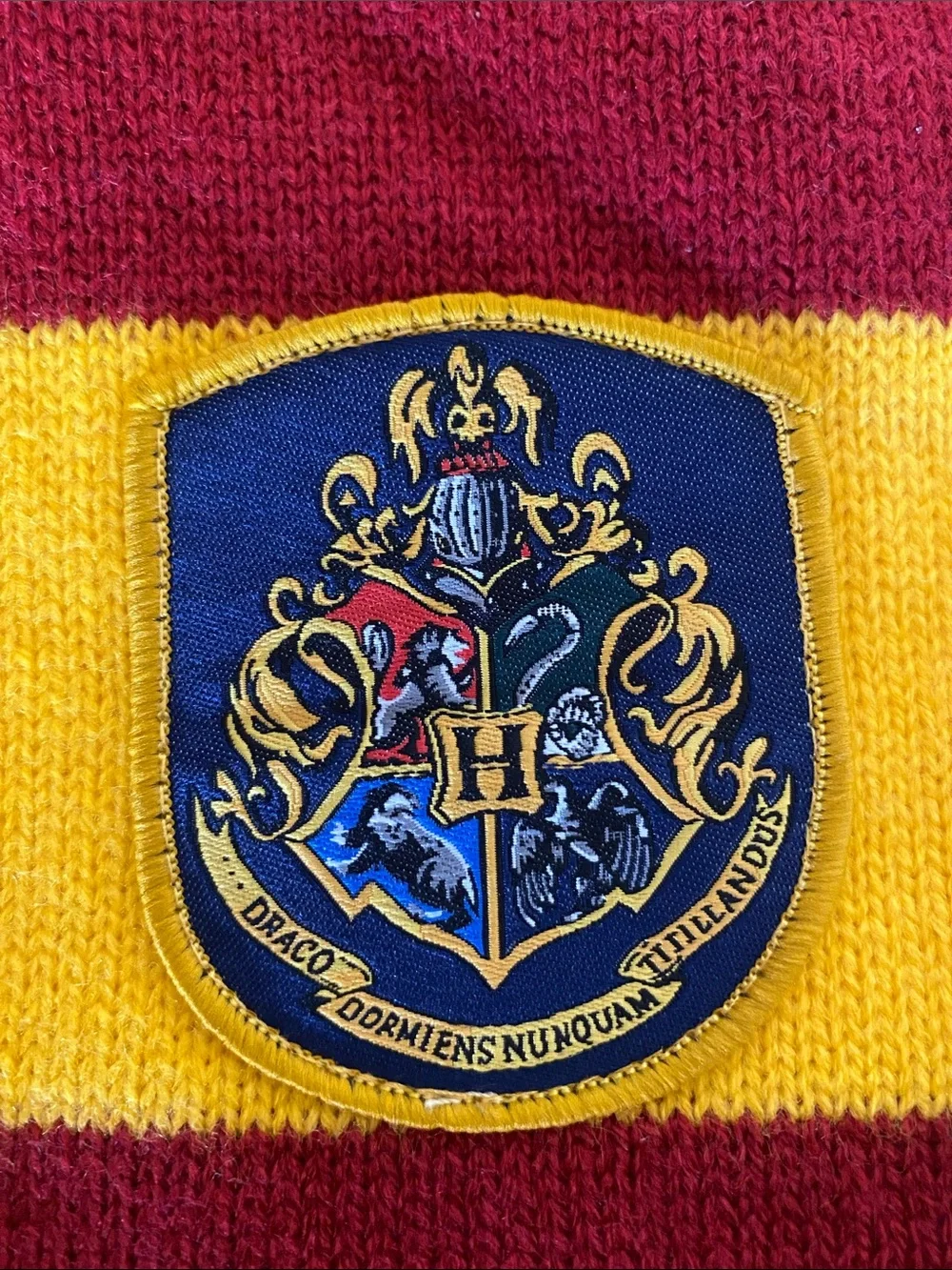 Kids Knit Stripe Scarf in Red and Yellow with Crest Patch
